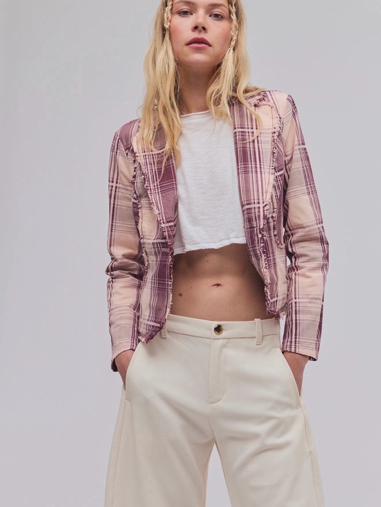 Free People Jackets & Blazers - Free People Whip Smart Plaid Distressed Cotton Blazer in Peach and Maroon, NWT